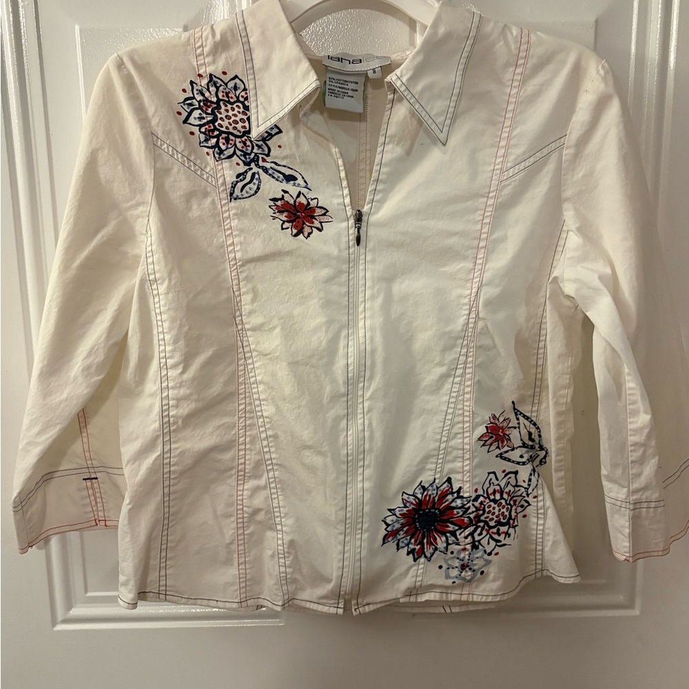 Tahari Cream Zip-Front Embroidered Jean Jacket